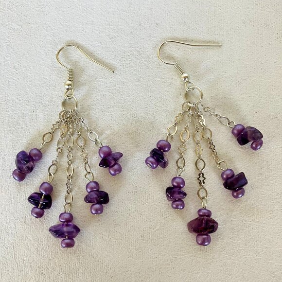 Purple Beaded Earrings Silvertone Metal Chain Handcrafted Unique Dangle New Gift - Picture 4 of 7
